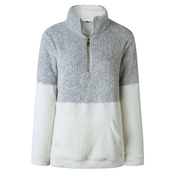 Gray & White Fleece Pullover with Zippered Collar - Picture 5 of 12